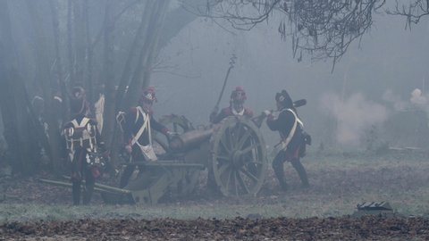 AUSTERLITZ, CZECH REPUBLIC – 11/30/2019: Cannon battle in Napoleonic wars