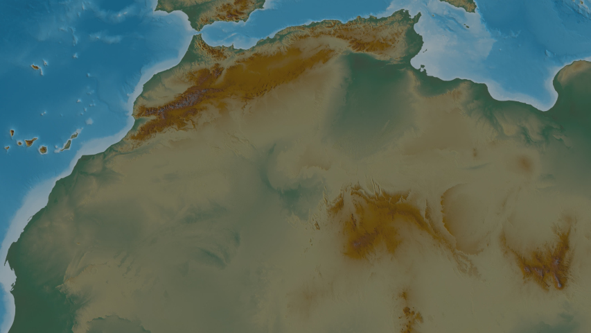 Aïn Témouchent, province with its capital, zoomed and extruded on the relief map of Algeria in the conformal Stereographic projection