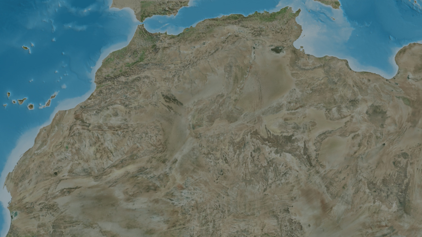 Oran, province with its capital, zoomed and extruded on the satellite map of Algeria in the conformal Stereographic projection
