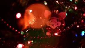 New year christmass tree ball pig in lights video 4k