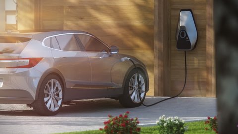 charging electric car SUV at home in front of my garage with a wall charger 3d rendering