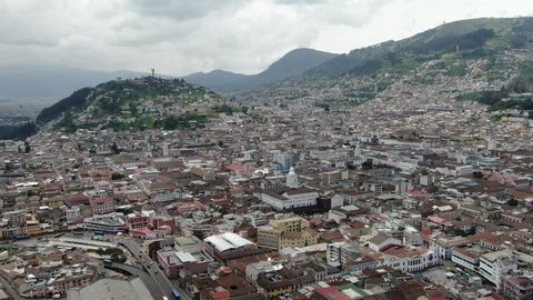 Aerial shot of Quito, drone view of the historic center of Quito
