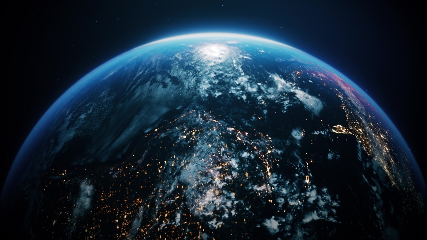 Planet Earth shot from the Universe where North Pole can be seen surrounded by electrical yellow and golden lights and clouds floating in the air. Flying to the earth at night. Earth's city lights. Royalty-Free Stock Footage #1043122708