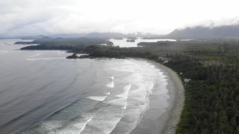Tofino Vancouver Island, aerial view at the beach of Tofino with people surfing during sunset Vancouver Island Canada