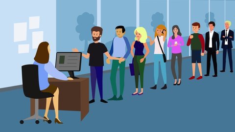 2D animation, female office worker sitting at computer, angry queue standing in a line. Displeased people dealing with issues in communal authority headquarters or in travel agency.