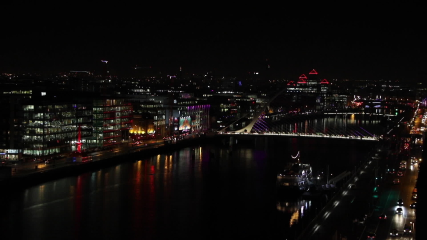 View of the Dublin Docklands area and Samuel Beckett Bridge lit up for Christmas 2019.