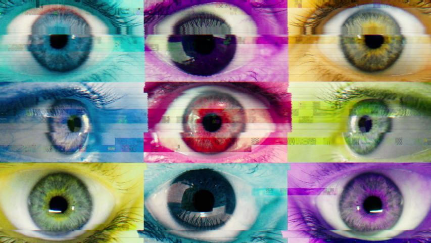 Colorful Eyes Blinking Glitch Mosaic. Mosaic of a group of colorful eyeballs blinking. Glitch background