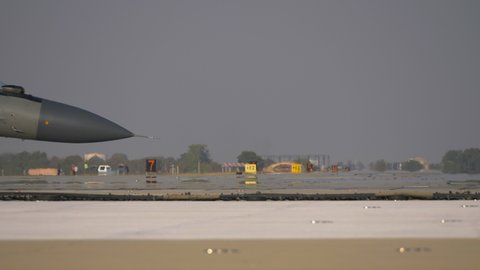 Rajasthan / India - February 08, 2019: Indian Air Force Sukhoi-30MKI Fighter Jet rolling out for takeoff