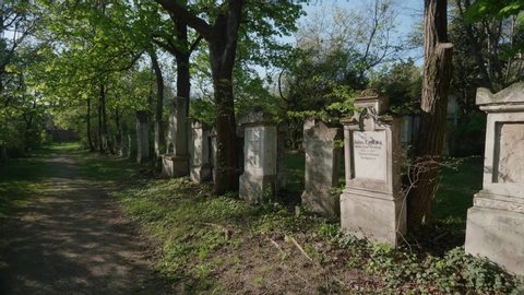VIENNA AUSTRIA April 18. 2019 - BIEDERMEIER CEMETERY SANKT MARX - segway dolly shot going along very old grave stones between fgreen chestnut trees, on St.Marx cemetery final resting place of Mozart