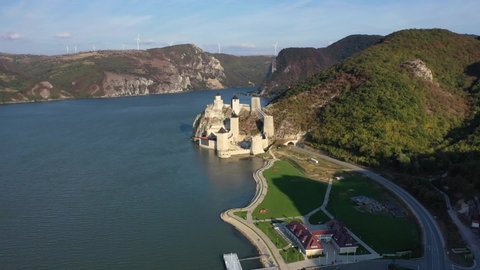 Famous Golubac castle in Serbia aerial shot from drone.