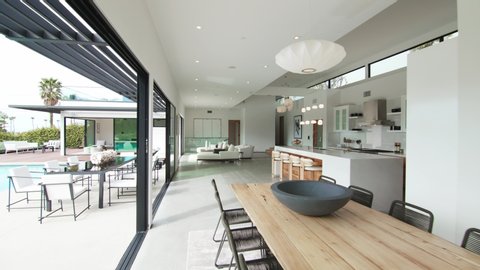 Ultra modern kitchen in Malibu home, houses in Malibu, shot of real estate interior, house holding in California: Los Angeles, California / United States - 11 29 2019