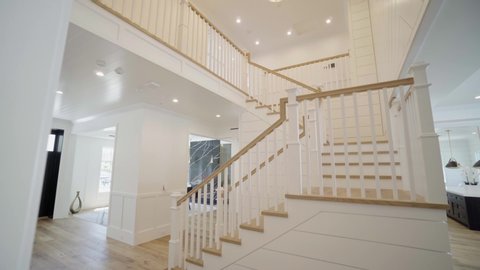 Stairs in modern home, houses in Malibu, shot of real estate interior, house holding in California: Los Angeles, California / United States - 11 29 2019