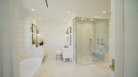 White modern interior bathroom, houses in Malibu, shot of real estate interior, house holding in California: Los Angeles, California / United States - 11 29 2019