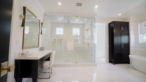 Modern bathroom in luxury house, houses in Malibu, shot of real estate interior, house holding in California: Los Angeles, California / United States - 11 29 2019
