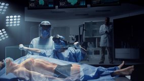 Team of Medical Surgeons use Augmented Holographic Technology to examine Patient. Nurse uses Hand Gestures to show the Organs, Bones and Full Anatomy of the Body of a Male Patient. Shot on RED Epic W. - Powered by Shutterstock - Get 15% off with code: PIKWIZARD15