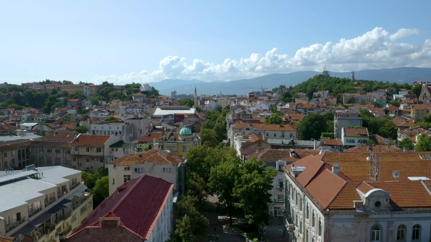 4K Knyaz Aleksandar Rising Drone Aerial Plovdiv Bulgaria Main Street