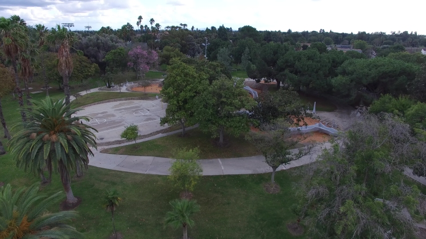 Anaheim California Urban Residential Neighborhood Cloudy Day Public Park Playground Aerial View 4K.MOV