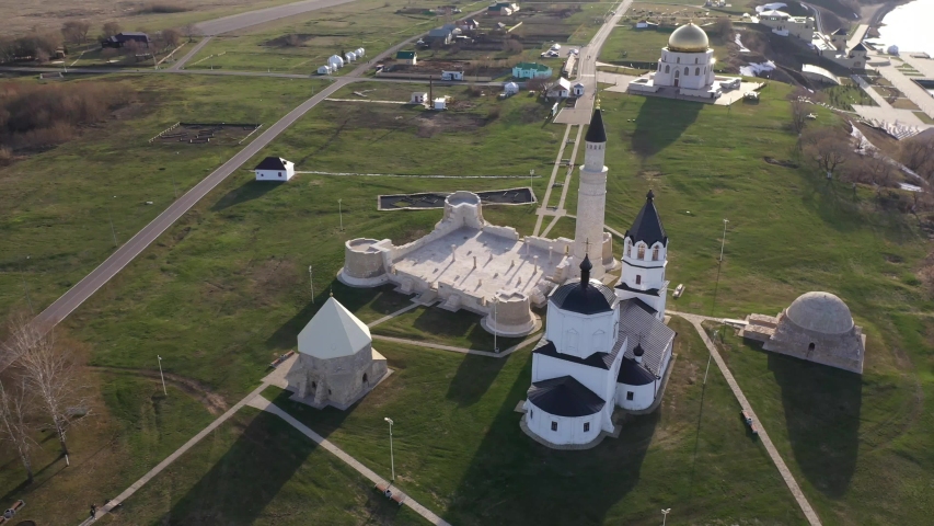 Few mosques aerial view. Volga Bulgaria Tatarstan, Republic, Russia. Bulgar historical and architectural complex. Beautiful mosque in the village on the banks of the Volga