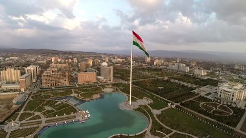 Aerial Drone Footage View Tajikistan Dushanbe city flag