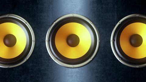 Audio speakers with yellow membranes playing modern music at 90bpm frequency producing loud rhytmic sound. Suitable as concept for rock dance music party. Camera seamlessly moves over audio speakers.