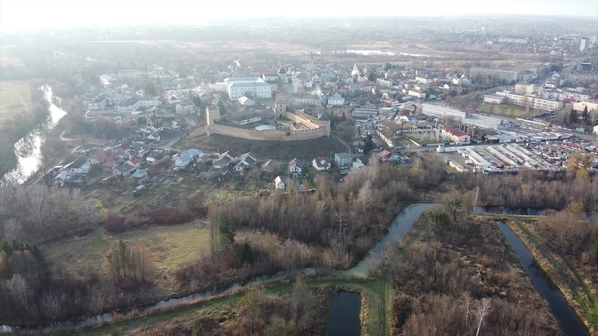 Arieal view on the Lutsk castle, landmark of Lutsk city, Prince Lubart stone castle in Ukraine.