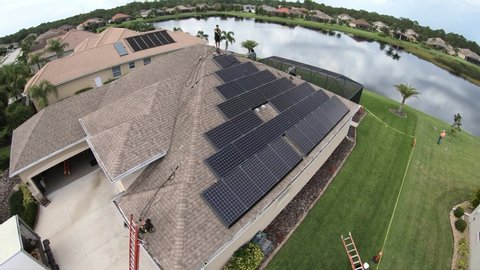 Houston/Texas 8.25.2016 Aerial video of solar panel on house roof     taken by drone camera