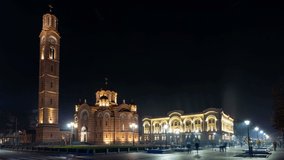 Illuminated Orthodox Cathedral of Christ the Saviour in Banja Luka, Republika Srpska, Bosnia and Herzegovina. Time lapse video.