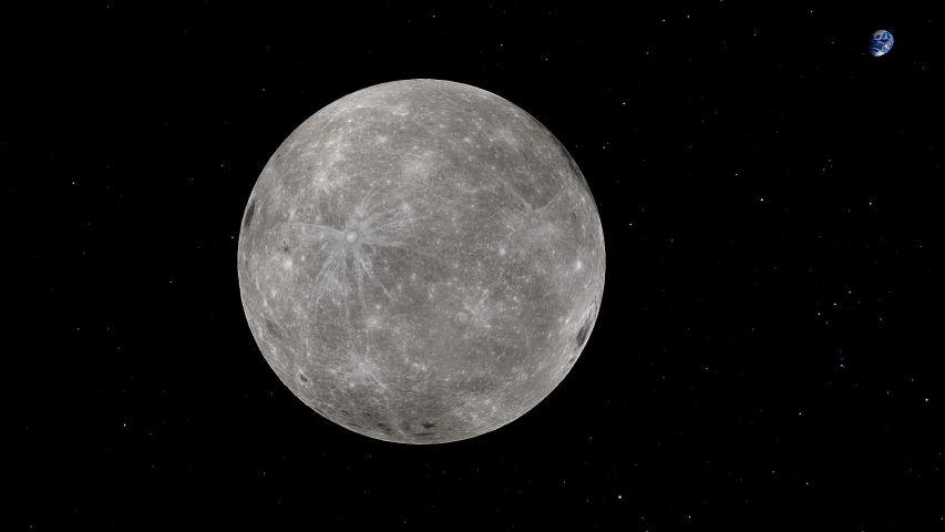 Lunar orbit around planet Earth. Relative view from the zenith of the lunar north pole.