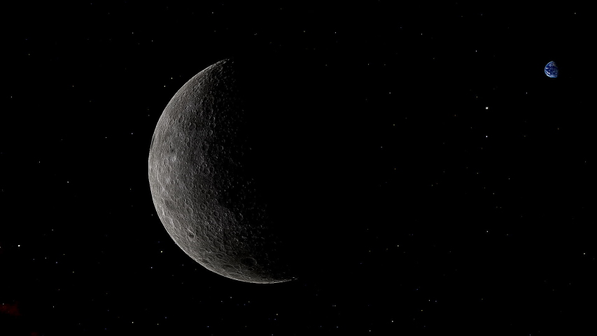  Lunar orbit around planet Earth. Relative view from the zenith of the lunar north pole.