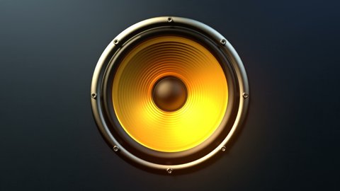 Single audio speaker with yellow orange membrane playing modern music at 90 bpm frequency producing loud rhytmic sound. Front view close-up. Suitable as concept for rock dance music party.