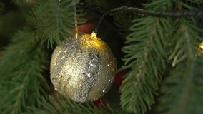 Closeup view of gold Christmas shiny ball hanging on green branch of holiday xmas tree. Real time 4k video footage.