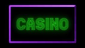 Casino neon sign fluorescent light glowing on banner background. Text casino by neon lights signboard in dark night. The best stock of neon casino flickering, flash and blinking color black background