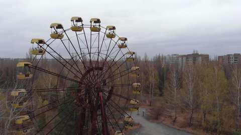 Chernobyl Exclusion Zone. Pripyat. Aerial. Abandoned ferris wheel