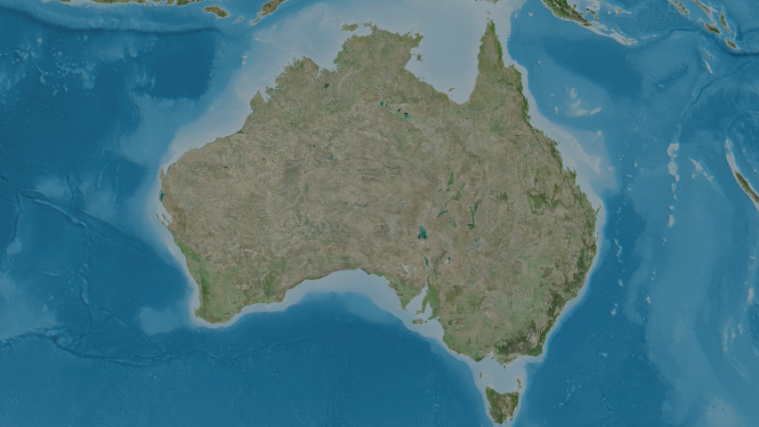 Tasmania, state with its capital, zoomed and extruded on the satellite map of Australia in the conformal Stereographic projection