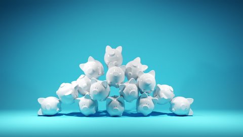 White Piggy Banks Falling from Stand with group on blue background. 3D Animation.