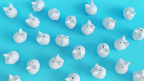 Many White Piggy Bank on blue background. top view. 3D Animation.
