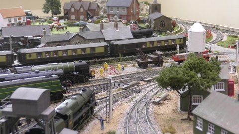 Crawley, West Sussex/ United Kingdom- 25 August 2019: A model railway depicting the Winston Churchill Funeral Train.
