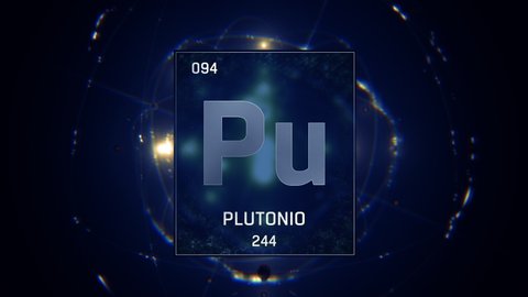 Plutonium as Element 94 of the Periodic Table Seamlessly looping 3D animation on blue illuminated atom design background with orbiting electrons. Name, atomic weight, element number in Spanish languag