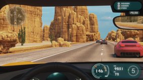 Speed Racing 3d Video Game Imitation With Interface. Sports Cars Compete On The Desert Road With Rocks. Gameplay Screen. View From The Inside The Car