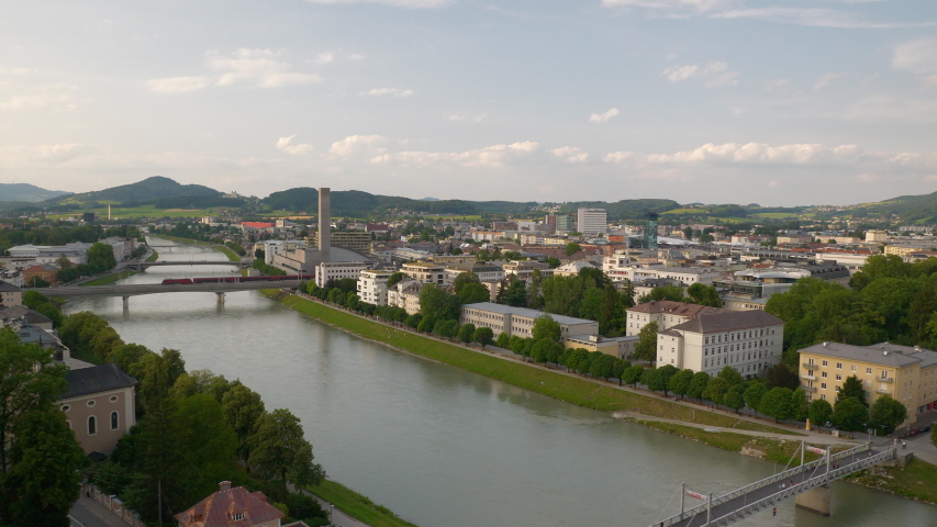sunset time salzburg city center river landscape hilltop panorama 4k austria