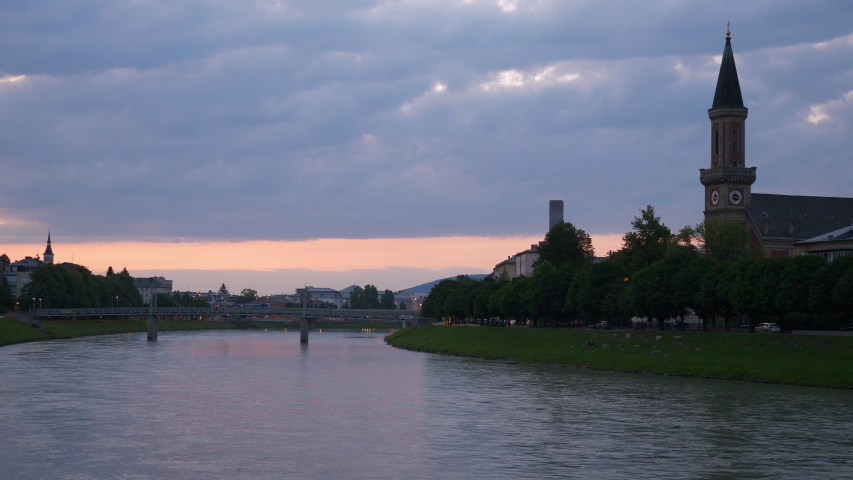 sunset sky salzburg city river panorama 4k austria