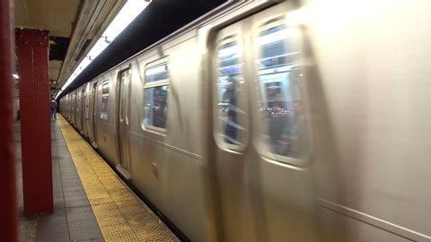 New York, November 2019: Train arriving to station, New York City subway.