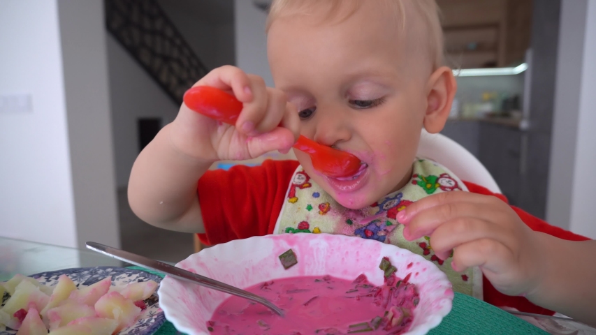 Toddler Boy Eating Beetroot Soup Stock Footage Video 100 Royalty Free Shutterstock