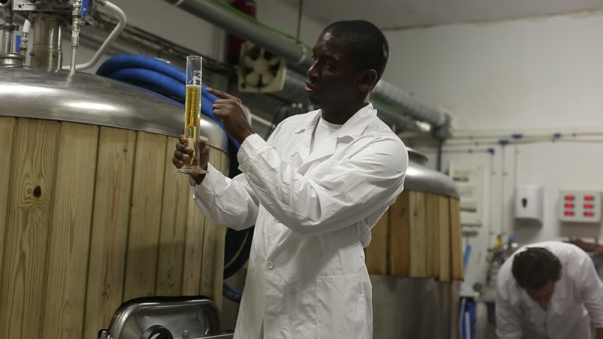 African american man brewer is inviting to brew-house, man working on background