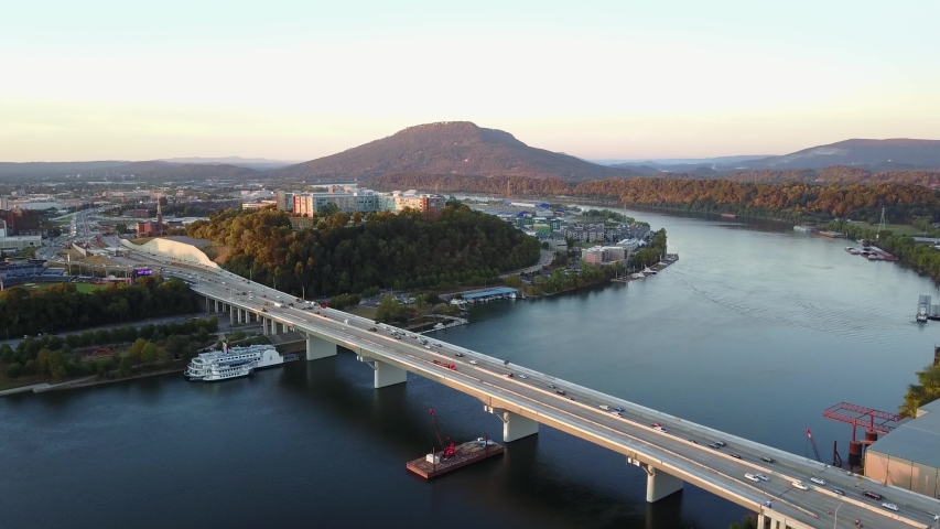 Aerial Chattanooga Sunrise Morning Commute. 4k video of Lookout Mountain and Bridges.