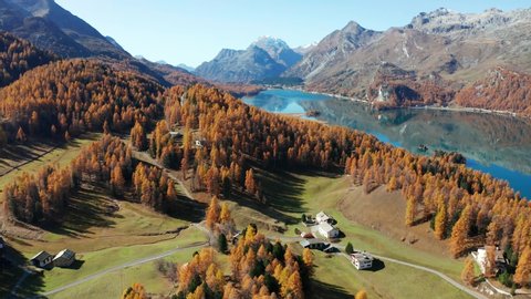 Aerial 4K - Switzerland - Panoramic view of the lakes of Sils and Fex Valley