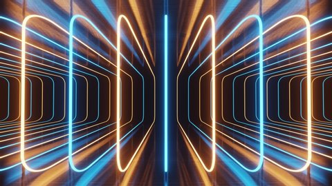 Blue orange neon light holographic technology. 3d render abstract background. Rounded square frames sequence. Digital neon background. Ultraviolet spectrum, laser show. Loop 3d 4K animation