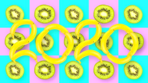 Looped multi-colored background from fruits with numbers 2020 from bananas in the foreground, large for the New Year.