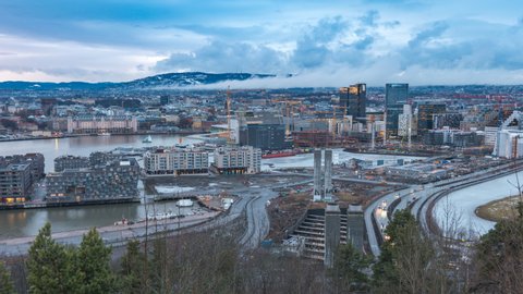 Oslo Norway time lapse 4K, aerial view city skyline timelapse at business district and Barcode Project