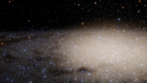 4k animation. Spaceship flies at the speed of light through a galaxy in space. Billions of stars in the Milky Way galaxy. Beautiful clusters of stars